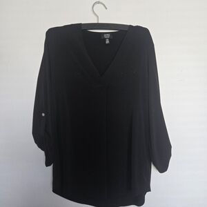 Women's Black V-neck Blouse with Button Detail